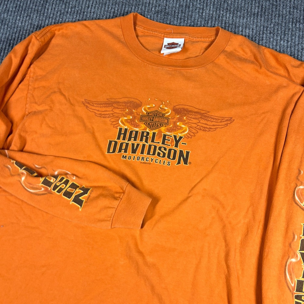 Vintage Harley Davidson Shirt Men's L Orange Flame Sleeves Faded Biker Y2K